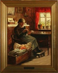Interior With Woman And Sleeping Child In The Cradle