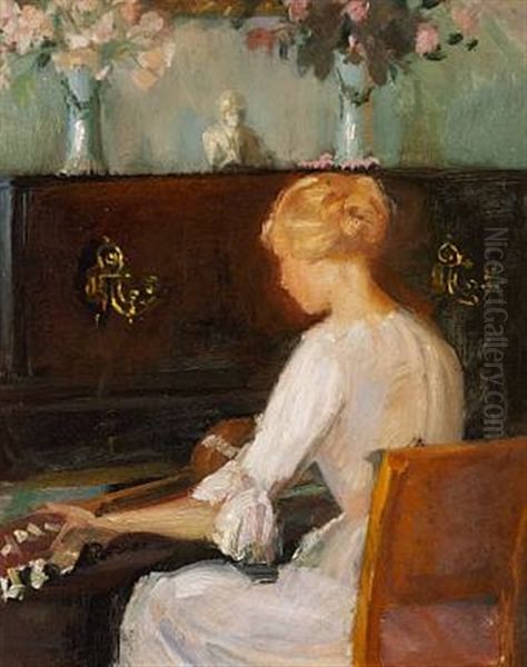 A Young Woman Playing Guitar In Front Of A Piano - view 1