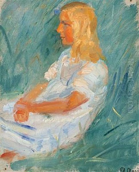 Girl In A White Dress Sitting On The Grass - view 1