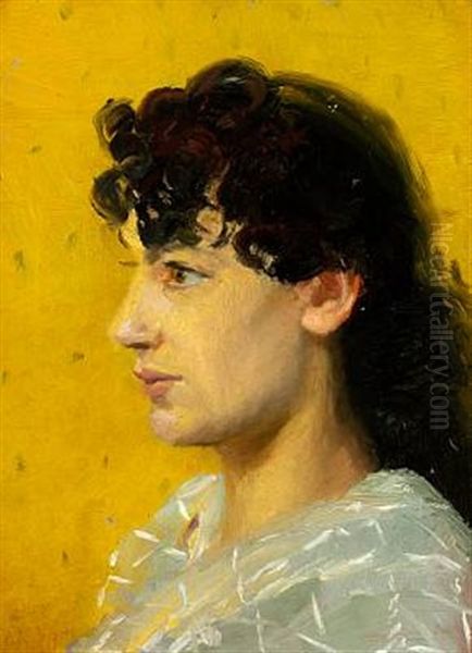 Portrait Of A Dark-haired Girl In Profile On A Yellow Background - view 1