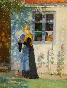 En Ung Pige Med Sit Strikketoj Foran Et Skagenshus by Anna Kirstine Ancher