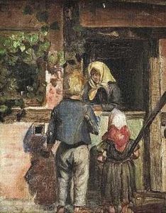 To Born I Samtale Med En Kone Ved En Halvdor by Anna Kirstine Ancher