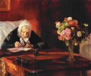 Kunstnerindens Mor Ane Hedvig Brondum Siddende Ved Sit Skrivebord I Den Rode Stue