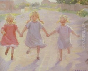 Tre Smapiger Med Fletninger, Lobende Hand I Hand Pa Daphnesvej I Skagen-osterby by Anna Kirstine Ancher