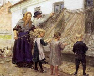Fiskegarnene Redes - Fiskerfamilie I Faerd Med At Ordne Garn Foran Huset