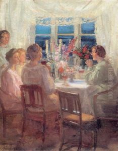 Helgas Fodselsdag. Helga Ancher Staende, Lizzi Hohlenberg, Lisbeth Brodersen, Ebba Brodersen, Bodil Johansen by Anna Kirstine Ancher