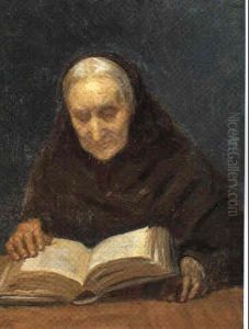 Portraet Af Kunstnerindens Moder Fru Ane Hedvig Brondum,    Laesende I En Bog