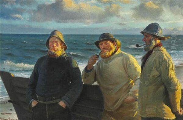 Fishermen From Skagen Standing On The Beach In The Evening Sun - view 1