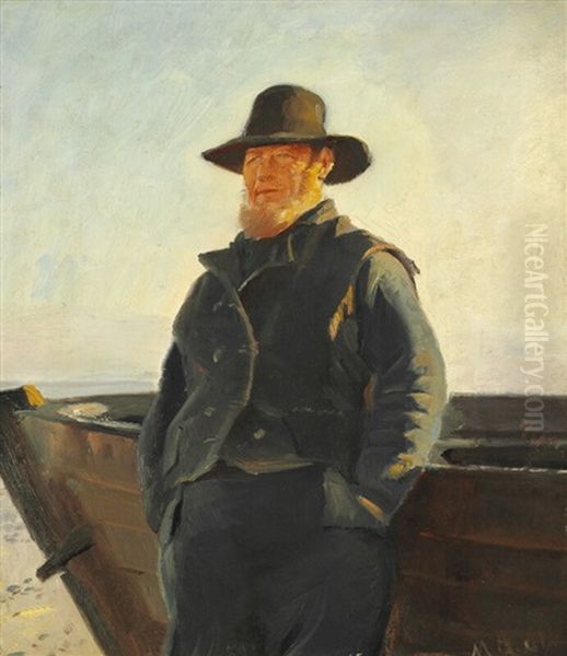 Fisherman Ole Svendsen From Skagen Standing In The Sun And Leaning Up Against A Boat - view 1