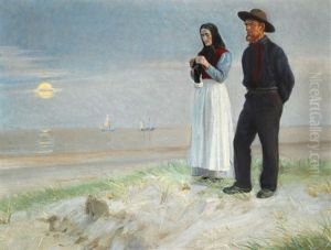 A Fisherman And His Wife On The Beach, Sunset