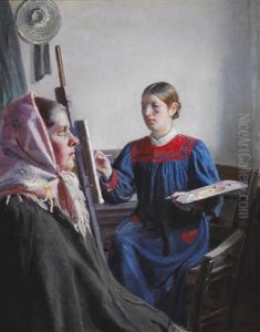 Interior With Anna Ancher, Painting A Girl From Skagen With A Pink Headscarf by Michael Peter Ancher