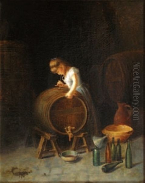 Jeune Fille Testant Un Tonneau De Vin - view 1
