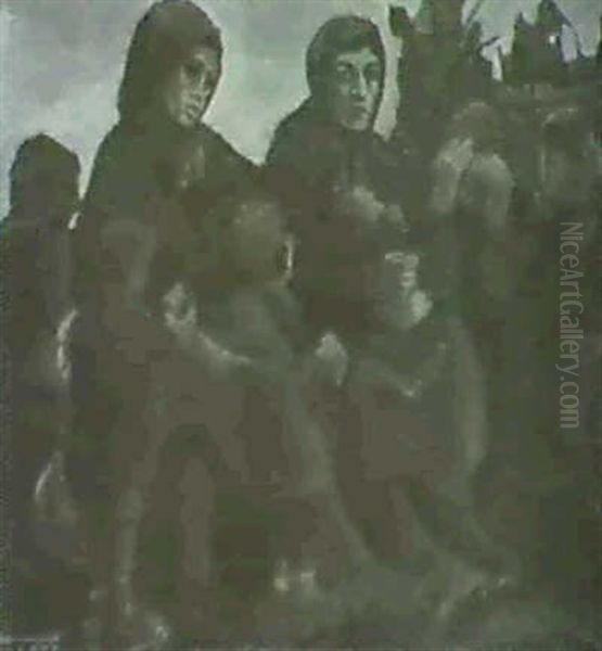 Die Brandnacht. Frauen Mit Ihren Kindern Am Wegrand, Im     Hintergrund Der Abgebrannte Bauernhof - view 1