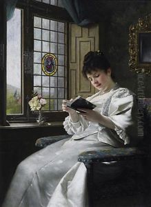Lesende Junge Frau Im Weisen Seidenkleid Am Fenster Mit Blick In Den Schlosgarten