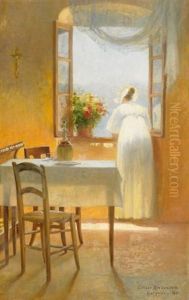 Sommertag Auf Gargano An Der Ostkuste Italiens. Junge Frau Am Fenster Mit Blick Auf Die See