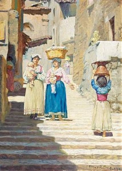 An Italian Town Scenery With Women And Children - view 1