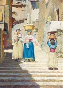 An Italian Town Scenery With Women And Children by Cilius (Johannes Konrad) Andersen