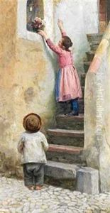 To Italienske Born Pa Trappen Saetter Blomster I En Niche by Cilius (Johannes Konrad) Andersen