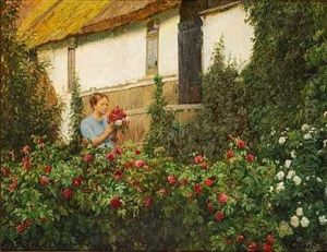 Ung Kvinde I Rosenhaven Holdende En Buket Roser by Cilius (Johannes Konrad) Andersen