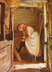 Staldinterior Med Ung Pige Der Retter Pa Sin Strompe by Cilius (Johannes Konrad) Andersen