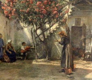 An Old Woman Admonishing A Young Woman And Children In A Courtyard