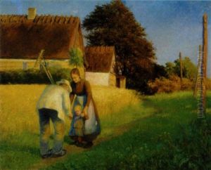 En Lille Pige Hilser Pa En Hjemvendende Hostarbejder. Parti Fra Jyllinge by Cilius (Johannes Konrad) Andersen