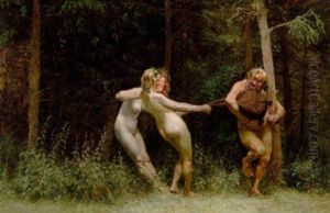 To Skovnymfer, Der Driller En Satyr by Cilius (Johannes Konrad) Andersen