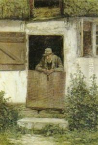 Gammel Piberygende Mand I En Stalddor by Cilius (Johannes Konrad) Andersen