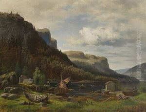 Fjordlandskap Med Folkeliv by Harald Oscar Andersen