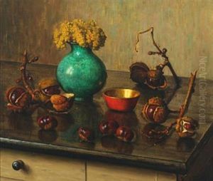 Still Life With Chestnuts And A Bouquet Of Flowers by Wilhelm Andersen