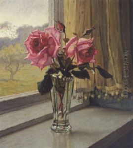 Lyserode Roser I En Glasvase by Wilhelm Andersen