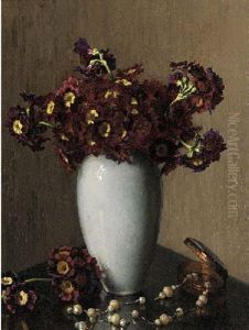 Sweet-williams In A Vase And A Pearl Necklace On A Table by Wilhelm Andersen