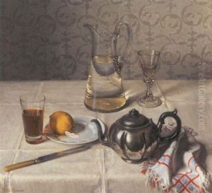Opstilling Pa Bord Med Kande, Glas Og Citron