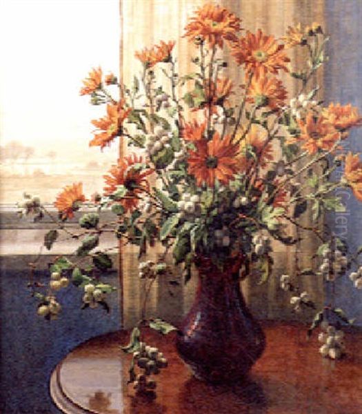 Flowers In A Vase On A Table With A View To A Winter Landscape Beyond - view 1