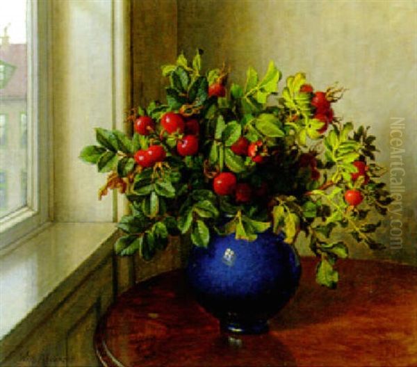 Rosehips In A Blue Glass Vase On A Table Beside A Window - view 1