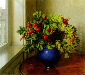 Rosehips In A Blue Glass Vase On A Table Beside A Window