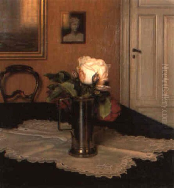 Roses In A Pewter Tankard On A Draped Table - view 1