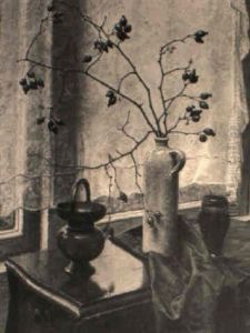 Stilleben Mit Hagebuttenzweig In Salzglasierter Steinzeugflasche by Wilhelm Andersen