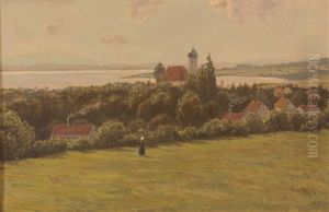 Blick Von Leichter Anhohe Auf Wasserburg Mit Der Kirche St. Georg, Im Hintergrund Der Bodensee Und Bergkulisse by Anders Andersen-Lundby