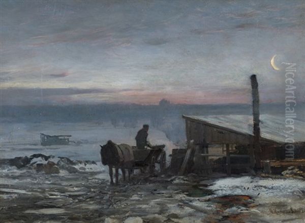Bauerliches Fuhrwerk In Winterlicher Landschaft Im Morgengrauen - view 1