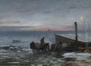 Bauerliches Fuhrwerk In Winterlicher Landschaft Im Morgengrauen by Anders Andersen-Lundby
