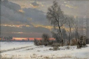 Winterlandschaft Im Abendrot Mit Windmuhle by Anders Andersen-Lundby