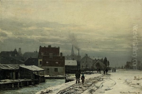 Spazierganger Am Wasserwehr Im Winter - view 1