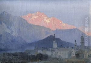 Barocke Alpenstadt Vor Gebirgskulisse Zur Blauen Stunde (rattenberg Am Inn?) by Anders Andersen-Lundby