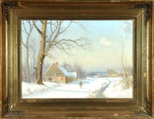 Gehoft In Weiter Winterlandschaft Mit Bachlauf by Anders Andersen-Lundby