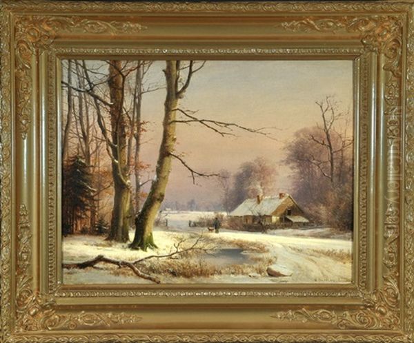 Spazierganger Mit Hund Am Haus In Winterlandschaft - view 1