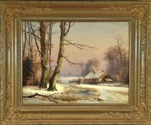 Spazierganger Mit Hund Am Haus In Winterlandschaft by Anders Andersen-Lundby
