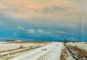 Lonely Horse And Cart In A Cloudy Winter Landscape