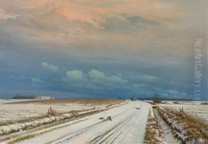 Winterliche Landschaft Mit Verschneiten Feldern, Saatkrahen Und Heimkehrendem Fuhrwerk