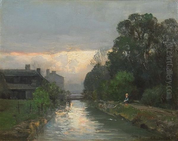 Angler Am Fluss Bei Sonnenuntergang - view 1